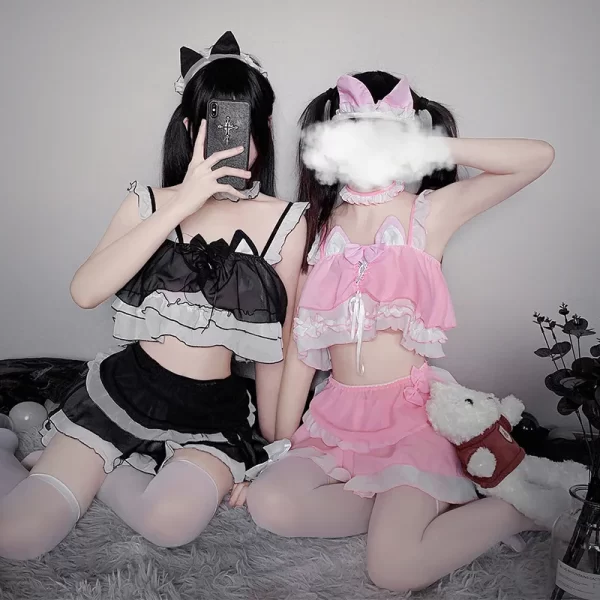 anilv anime lolita cats girl maid swimsuit costume cute pink cat ears swimwear uniform pool party cosplay