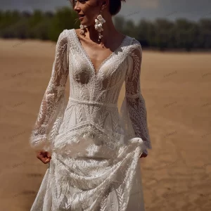 bohemia vintage wedding dresses for women 2024 v neck backless bridal gowns flare sleeves lace robe vestidos de novia customized