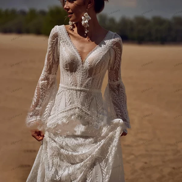 bohemia vintage wedding dresses for women 2024 v neck backless bridal gowns flare sleeves lace robe vestidos de novia customized