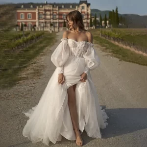 mordern sweetheart neckline wedding dress off shoulder lace appliques puff sleeves a line bridal gown vestidos de novia