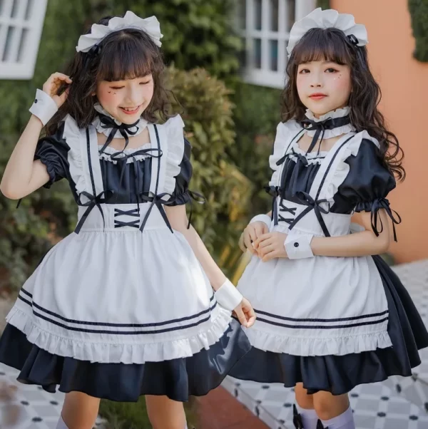 children halloween cute maid cosplay costumes girl anime lolita maid apron dress short sleeve ruffle with headwear neckwear suit