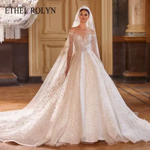 ethel rolyn luxury wedding dress for women new glitter long sleeve princess sweetheart backless bridal gown vestidos de novia