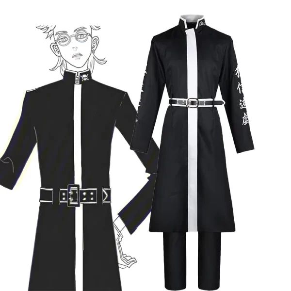 anime tokyo revengers cosplay tenjiku ran haitani costume black trench uniform suits halloween carnival party outfits with wig