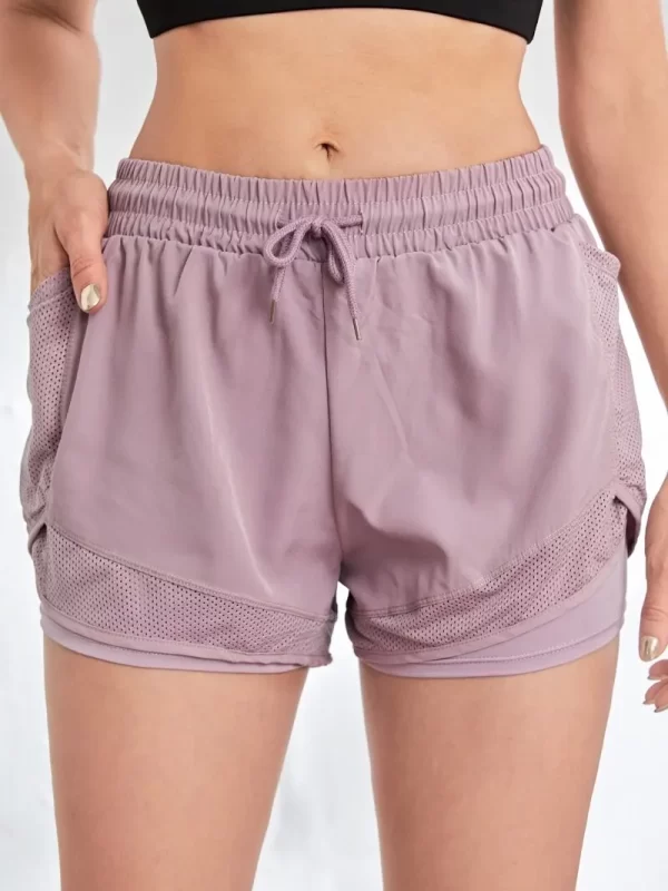 women's elastic sports shorts, shorts with pockets, fake two piece yoga leggings running and training