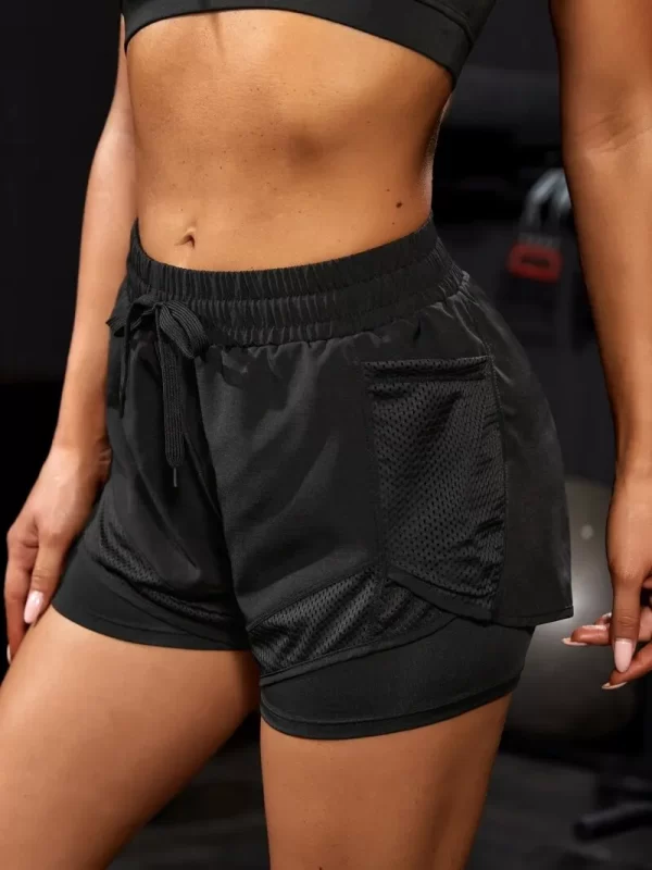 women's elastic sports shorts, shorts with pockets, fake two piece yoga leggings running and training