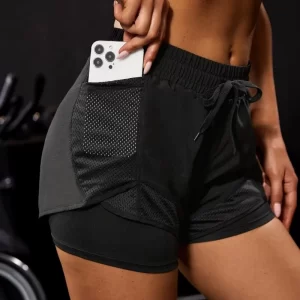 women's elastic sports shorts, shorts with pockets, fake two piece yoga leggings running and training