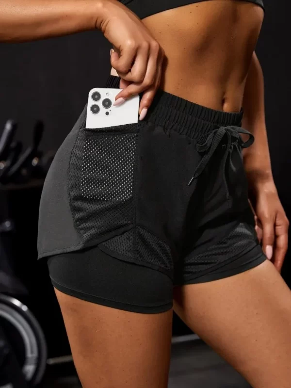 women's elastic sports shorts, shorts with pockets, fake two piece yoga leggings running and training