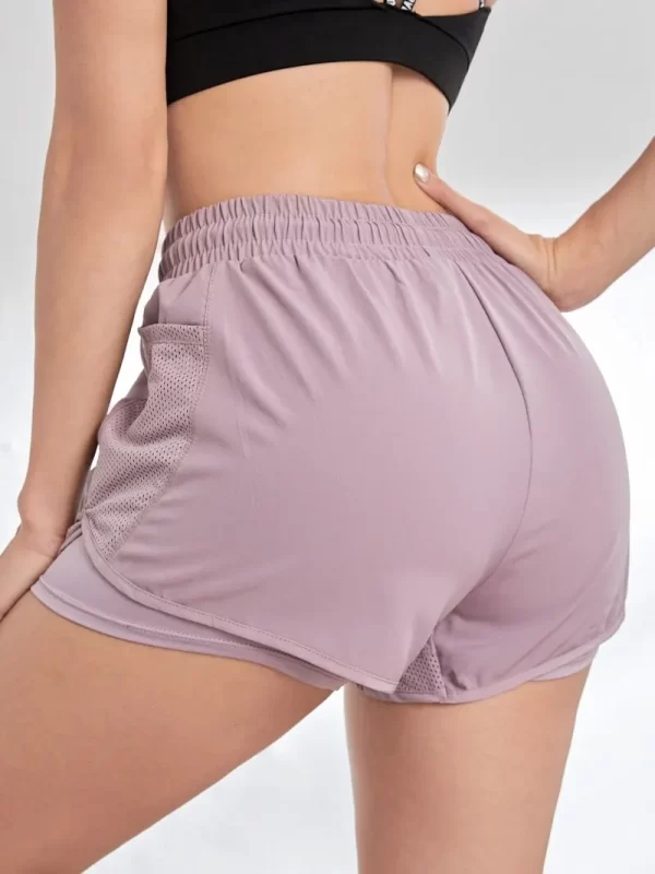 women's elastic sports shorts, shorts with pockets, fake two piece yoga leggings running and training
